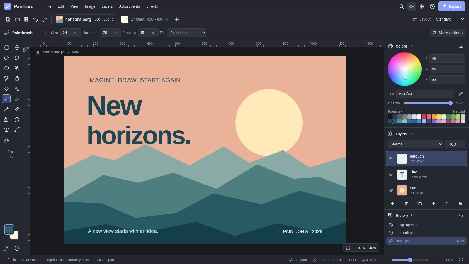 Paint.Org workspace in dark theme
